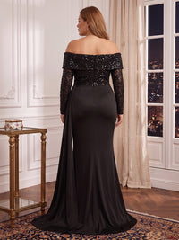Plus Size Long Sleeves Mermaid/Sheath Sequin Evening Dresses Off the Shoulder Floor Length Formal Party Dresses with Wrap