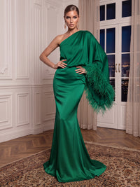 One Shoulder Mermaid/Sheath Satin Evening Dresses Long Feather Sleeves Floor Length Formal Gala Dresses