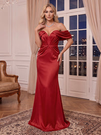 Off the Shoulder Mermaid/Sheath Satin Evening Dresses Pleated Sleeveless Floor Length Formal Dresses