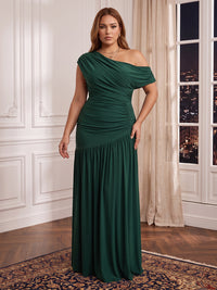 Plus Size Mermaid/Sheath Sequin Evening Dresses One Shoulder Pleated Floor Length Formal Party Dresses