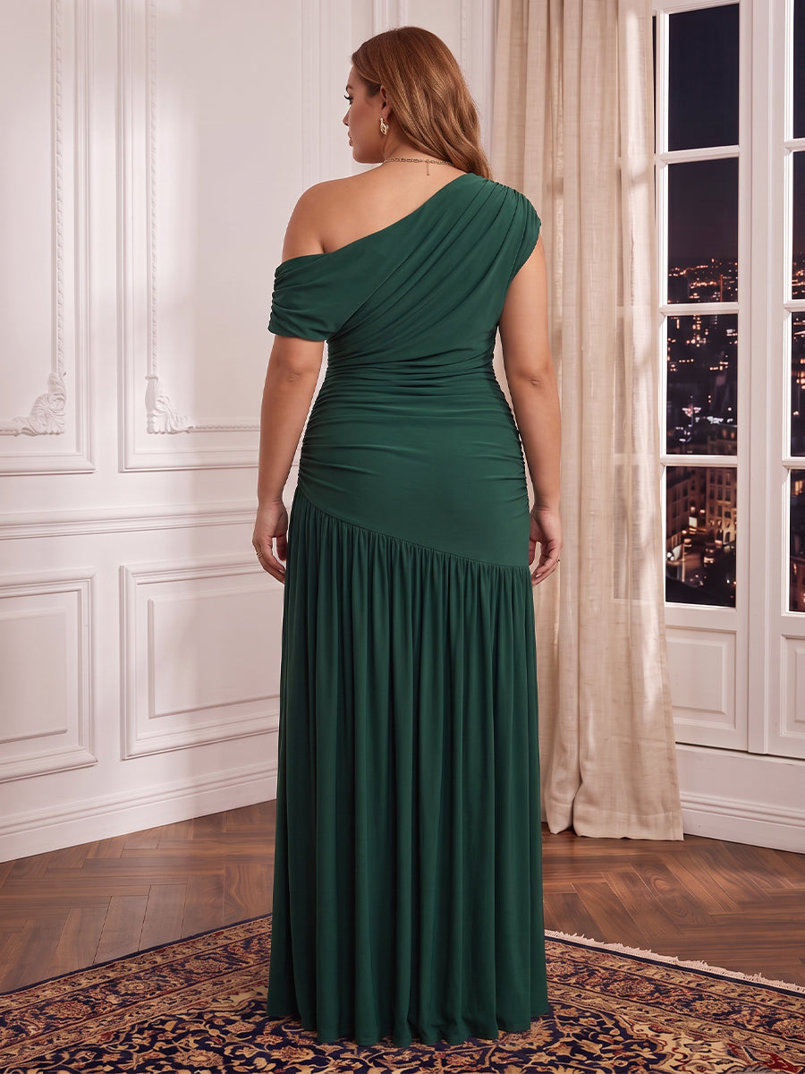 Plus Size Mermaid/Sheath Sequin Evening Dresses One Shoulder Pleated Floor Length Formal Party Dresses