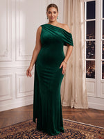 Plus Size Mermaid/Sheath Velvet Evening Dresses One Shoulder Floor Length Wedding Guest Dresses