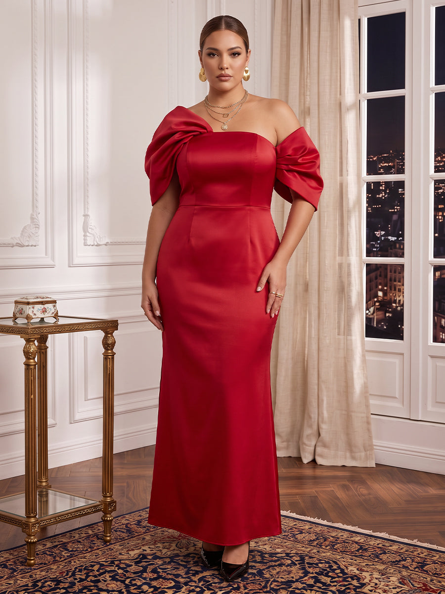 Plus Size Mermaid/Sheath Evening Dresses Satin Short Sleeves Floor Length Formal Party Dresses