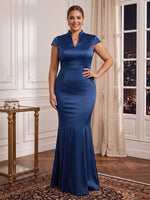 Plus Size Mermaid/Sheath Evening Dresses Satin Cap Sleeves Floor Length Wedding Guest Dresses