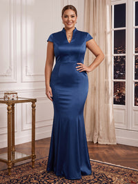 Plus Size Mermaid/Sheath Evening Dresses Satin Cap Sleeves Floor Length Wedding Guest Dresses