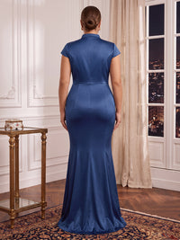 Plus Size Mermaid/Sheath Evening Dresses Satin Cap Sleeves Floor Length Wedding Guest Dresses
