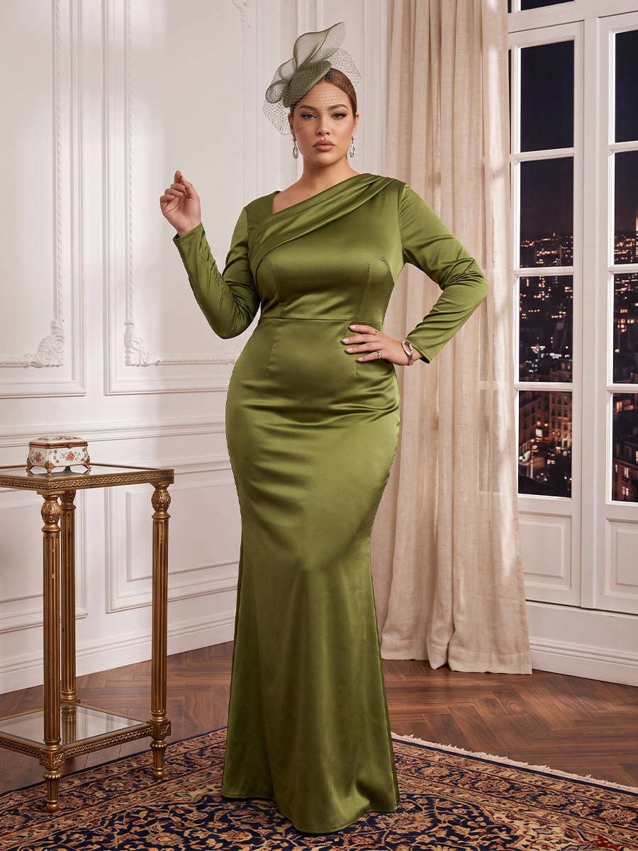 Plus Size Satin Mermaid/Sheath Evening Dresses Long Sleeves Floor Length Wedding Guest Dresses