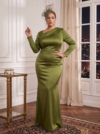 Plus Size Satin Mermaid/Sheath Evening Dresses Long Sleeves Floor Length Wedding Guest Dresses