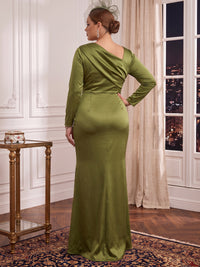 Plus Size Satin Mermaid/Sheath Evening Dresses Long Sleeves Floor Length Wedding Guest Dresses