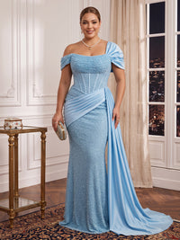 Plus Size Sequin Mermaid/Sheath Evening Dresses Cap Sleeves Corset Floor Length Formal Gala Dresses with Wrap