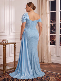 Plus Size Sequin Mermaid/Sheath Evening Dresses Cap Sleeves Corset Floor Length Formal Gala Dresses with Wrap