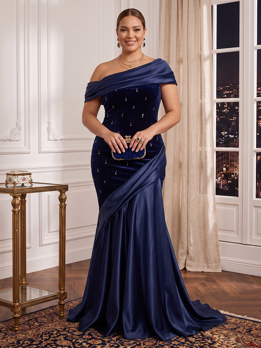 Plus Size Satin Mermaid/Sheath Evening Dresses One Shoulder Velvet Floor Length Formal Gala Dresses