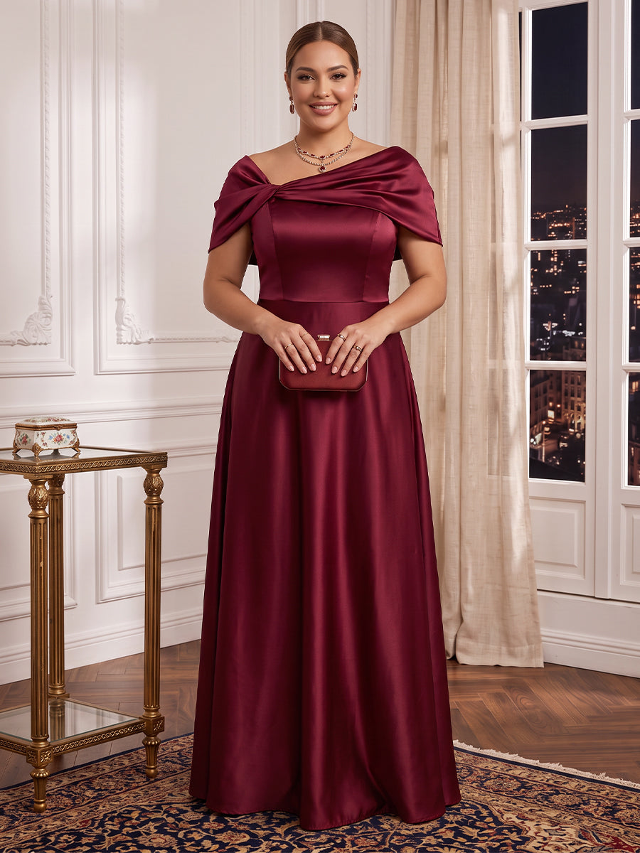 Plus Size Satin A Line Evening Dresses Cap Sleeves Floor Length Formal Gala Dresses