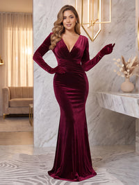 Long Sleeves Velvet Evening Dresses Mermaid/Sheath V Neck Floor Length Formal Party Dresses