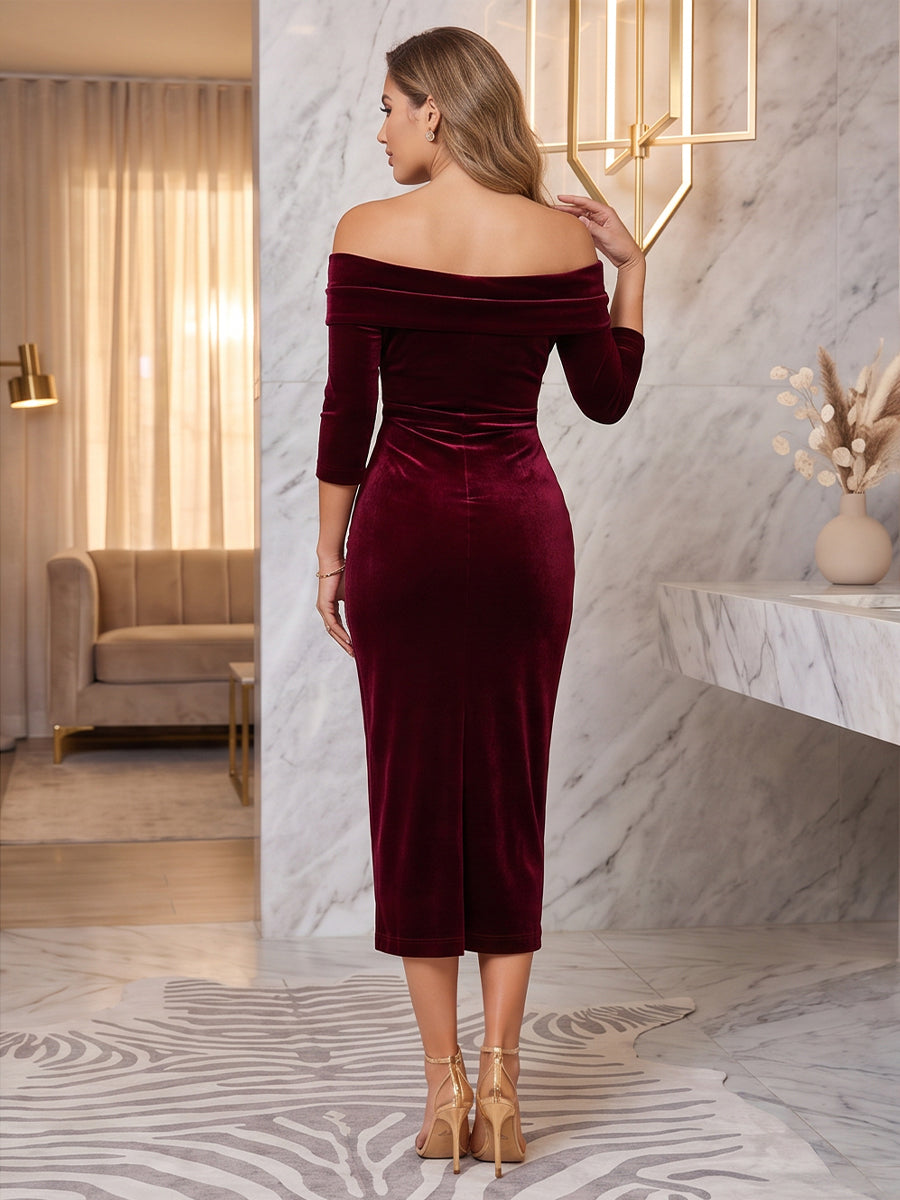 3/4 Sleeves Velvet Evening Dresses Mermaid/Sheath Off the Shoulder Tea Length Formal Party Dresses
