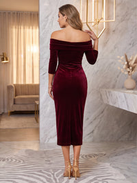 3/4 Sleeves Velvet Evening Dresses Mermaid/Sheath Off the Shoulder Tea Length Formal Party Dresses