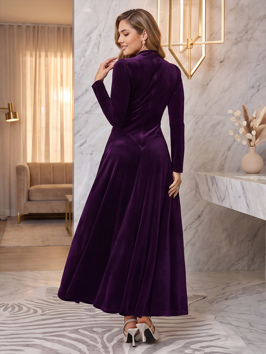 Long Sleeves Velvet Evening Dresses A Line Round Neck Floor Length Formal Party Dresses with Slit