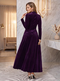 Long Sleeves Velvet Evening Dresses A Line Round Neck Floor Length Formal Party Dresses with Slit