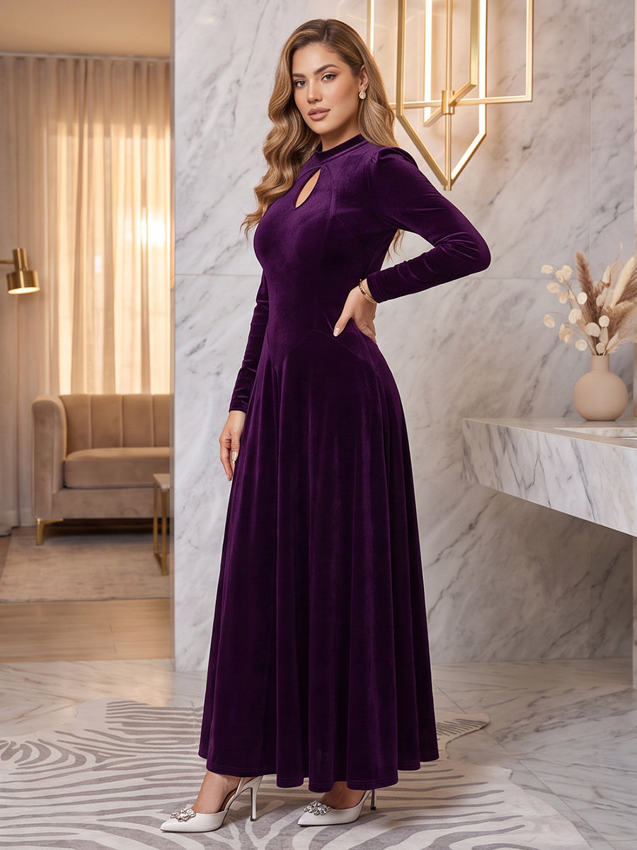 Long Sleeves Velvet Evening Dresses A Line Round Neck Floor Length Formal Party Dresses with Slit