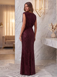 Sleeveless Sequin Evening Dresses Mermaid/Sheath V Neck Floor Length Formal Party Dresses