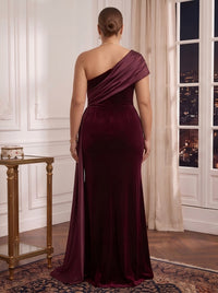 Plus Size Velvet Mermaid/Sheath Evening Dresses One Shoulder Floor Length Formal Gala Dresses with Wrap