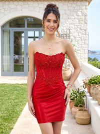 Strapless Satin Lace Appliques Short Homecoming Dresses