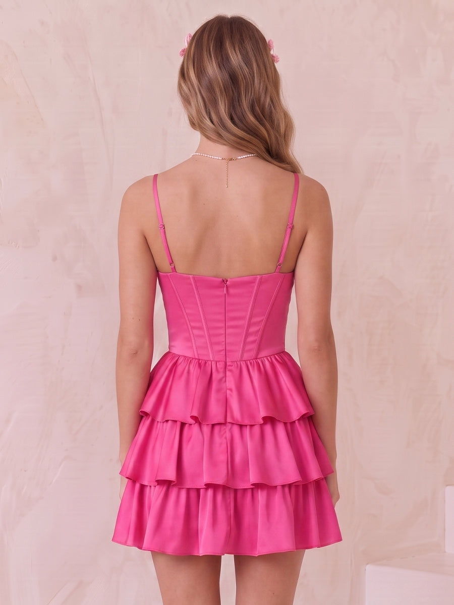 Satin A Line Sweetheart Sleeveless Tiered Corset Short Homecoming Dresses