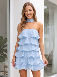 Chiffon A Line Strapless Sleeveless Tiered Short Homecoming Dresses