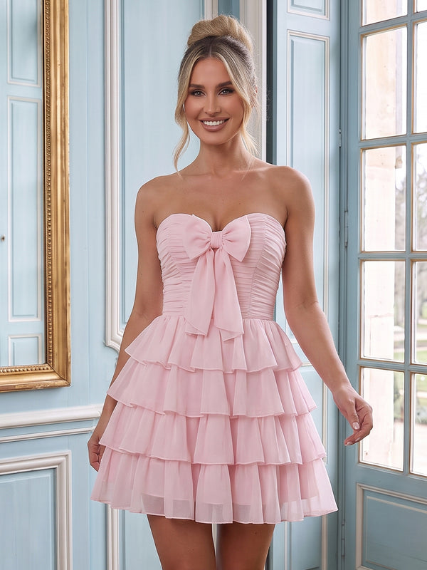 Chiffon A Line Strapless Sleeveless Tiered Short Homecoming Dresses with Bow