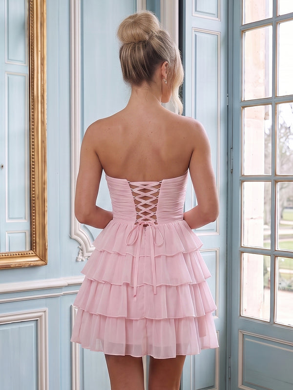 Chiffon A Line Strapless Sleeveless Tiered Short Homecoming Dresses with Bow