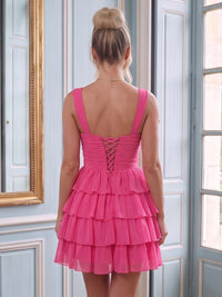 Chiffon A Line Sweetheart Sleeveless Tiered Short Homecoming Dresses with Bow