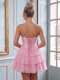 Chiffon Strapless A Line Sleeveless Tiered Corset Short Homecoming Dresses