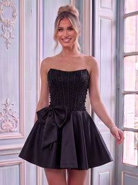 Satin Strapless A Line Sleeveless Rhinestone Short Homecoming Dresses with Bow