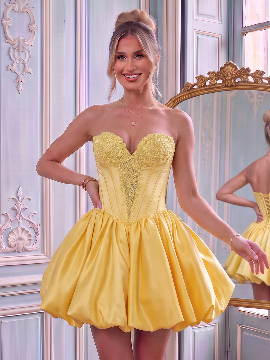 Satin A Line Sweetheart Sleeveless Flower Bud Corset Short Homecoming Dresses