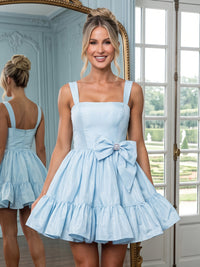 Satin Square Neck A Line Sleeveless Short Homecoming Dresses with Bow
