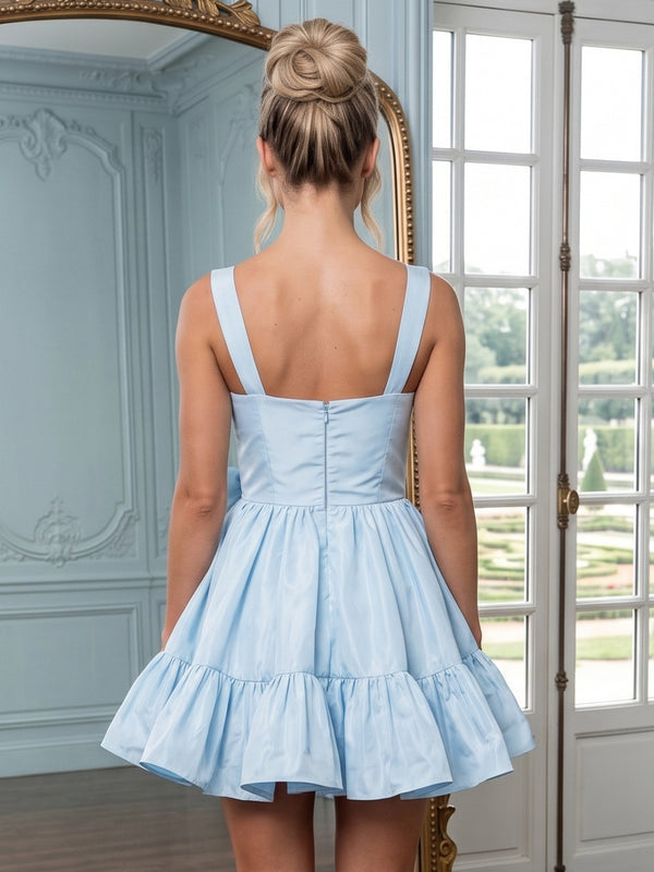 Satin Square Neck A Line Sleeveless Short Homecoming Dresses with Bow