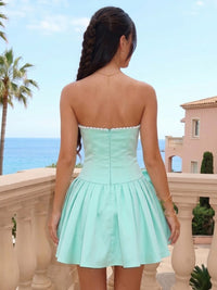Pleated Satin Strapless Sleeveless A Line Short Homecoming Dresses with Bow