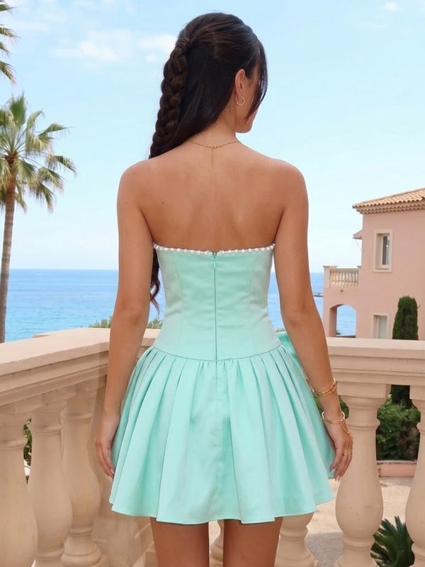 Pleated Satin Strapless Sleeveless A Line Short Homecoming Dresses with Bow
