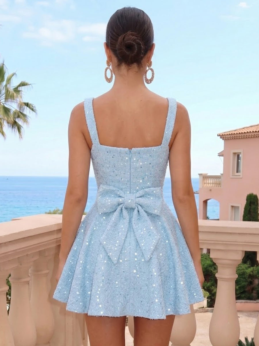 Pleated Sequins A Line Square Neck Sleeveless Short Homecoming Dresses with Bow