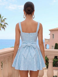 Pleated Sequins A Line Square Neck Sleeveless Short Homecoming Dresses with Bow