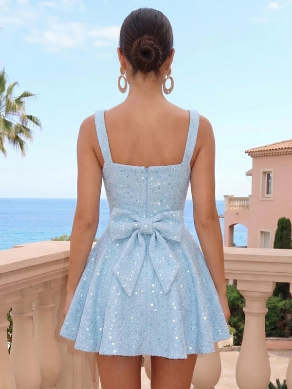 Pleated Sequins A Line Square Neck Sleeveless Short Homecoming Dresses with Bow