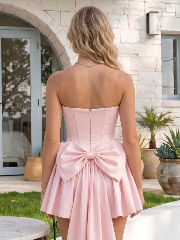 Pleated Satin A Line Strapless Short Homecoming Dresses with Bow