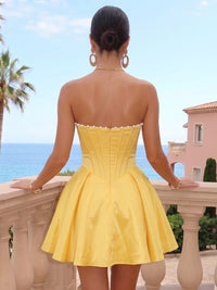 Pleated Satin A Line Strapless Short Homecoming Dresses with Beads
