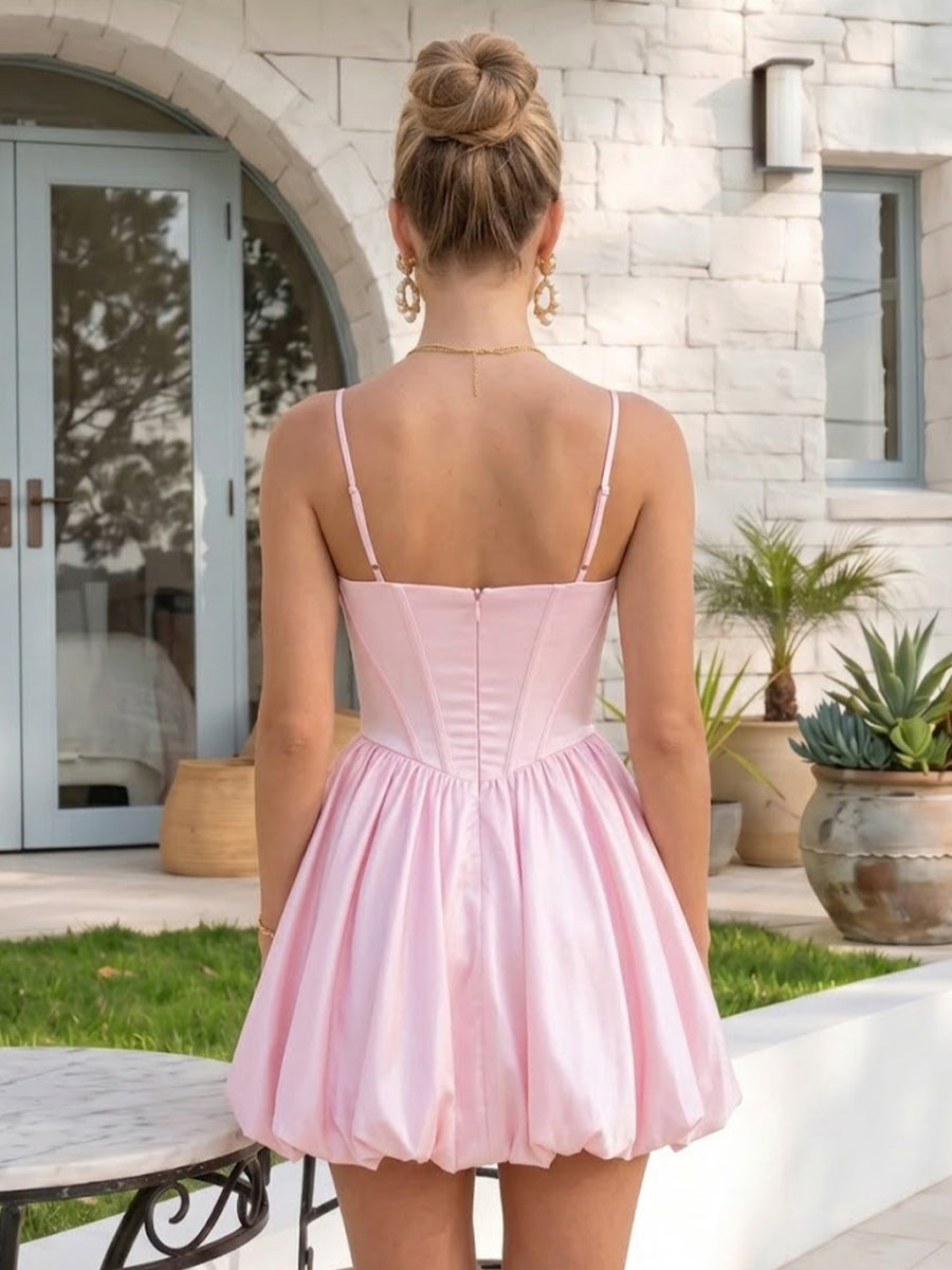 Pleated Satin Sweetheart Flower Bud Rhinestones Short Homecoming Dresses