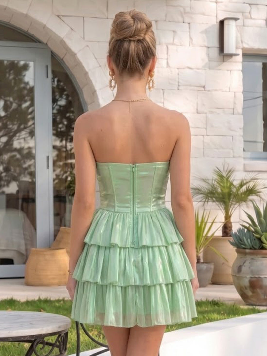 Organza Tiered Ruffles A Line Strapless Short Homecoming Dresses with Bow