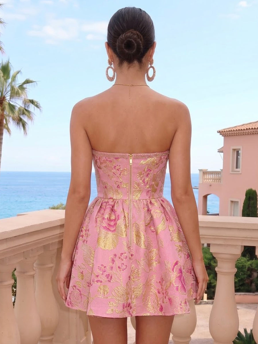 Satin Jacquard A Line Strapless Short Homecoming Dresses with Bow