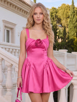 3D FLowers Satin A Line Sweetheart Short Sleeveless Short Homecoming Dresses