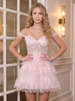 Tulle A Line Off the Shoulder Sleeveless Tiered Ruffles Short Homecoming Dresses