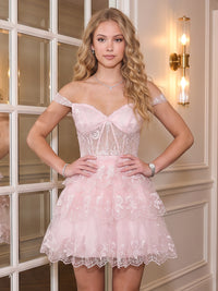 Tulle A Line Off the Shoulder Sleeveless Tiered Ruffles Short Homecoming Dresses