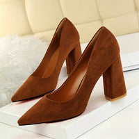 Women's Suede Wedding Party Shoes Chunky Heel Pointed Toe Bridal Shoes